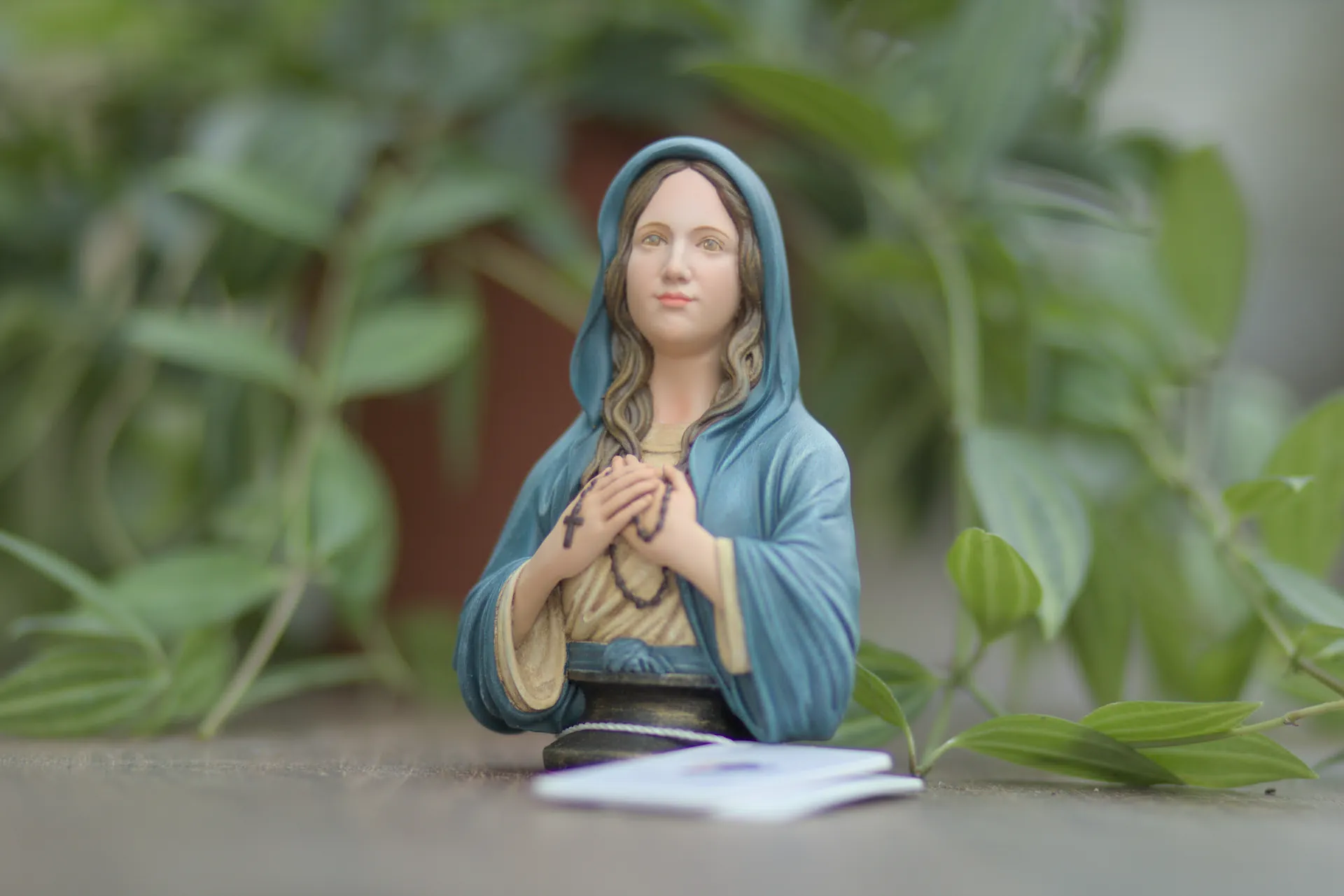 Tượng Đức Mẹ Mân Côi với chuỗi Mân Côi trên tay.