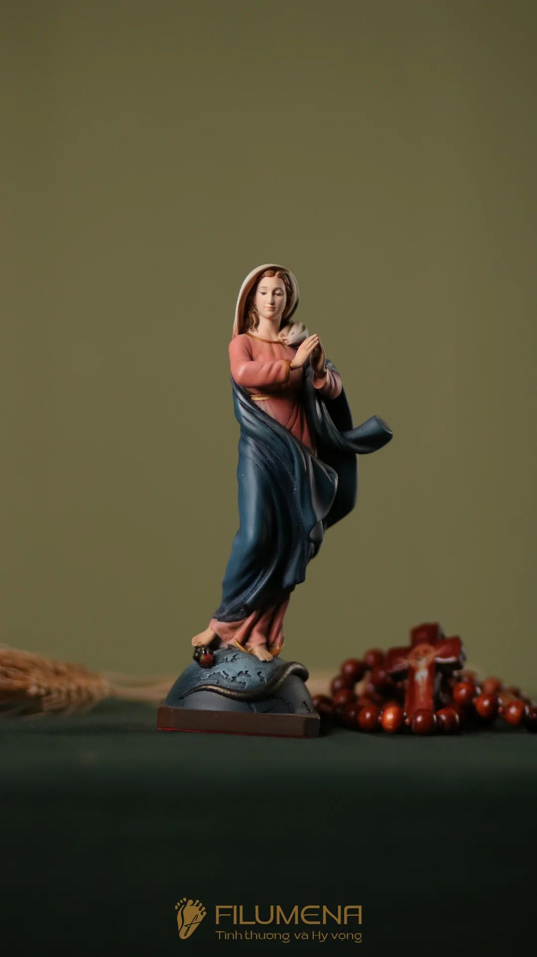 Tượng Đức Mẹ Vô Nhiễm Nguyên Tội cao 15 cm, 20 cm màu cổ điển xanh-hồng mã màu M2