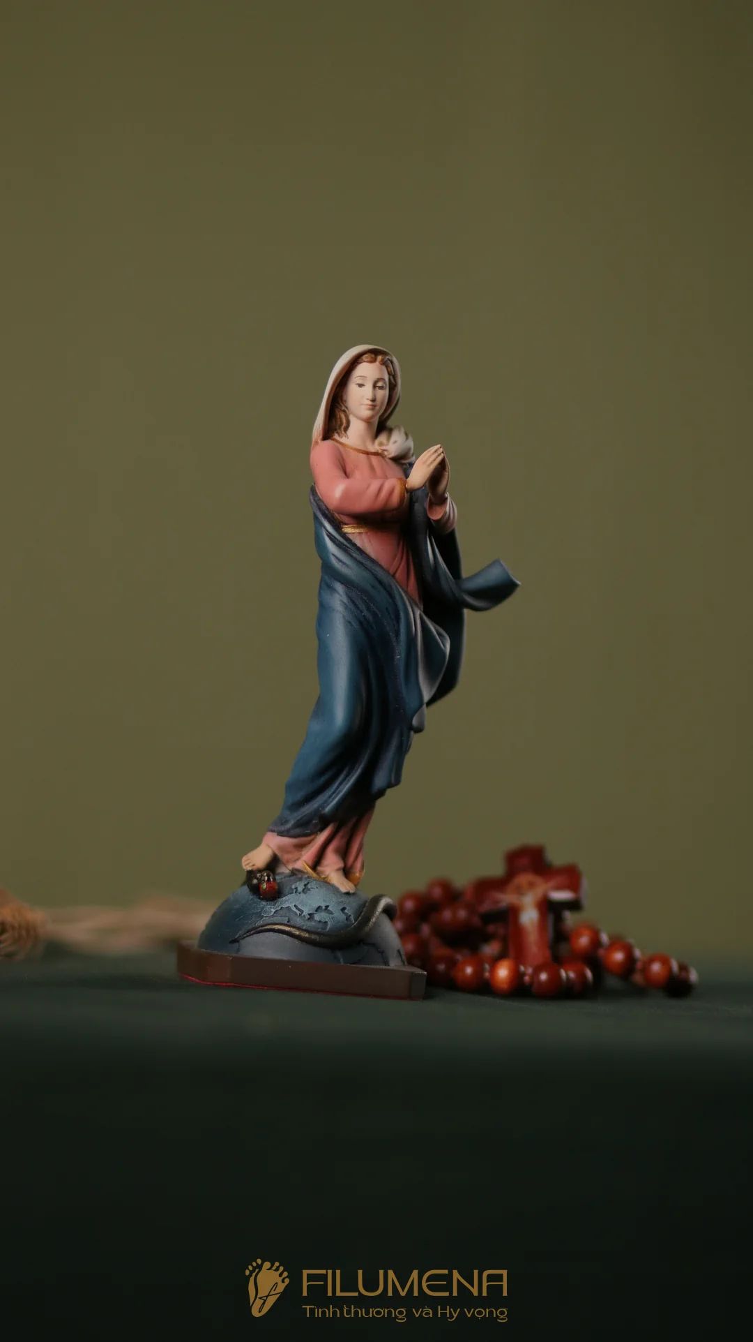 Tượng Đức Mẹ Vô Nhiễm Nguyên Tội cao 15 cm, 20 cm màu cổ điển xanh-hồng mã màu M2