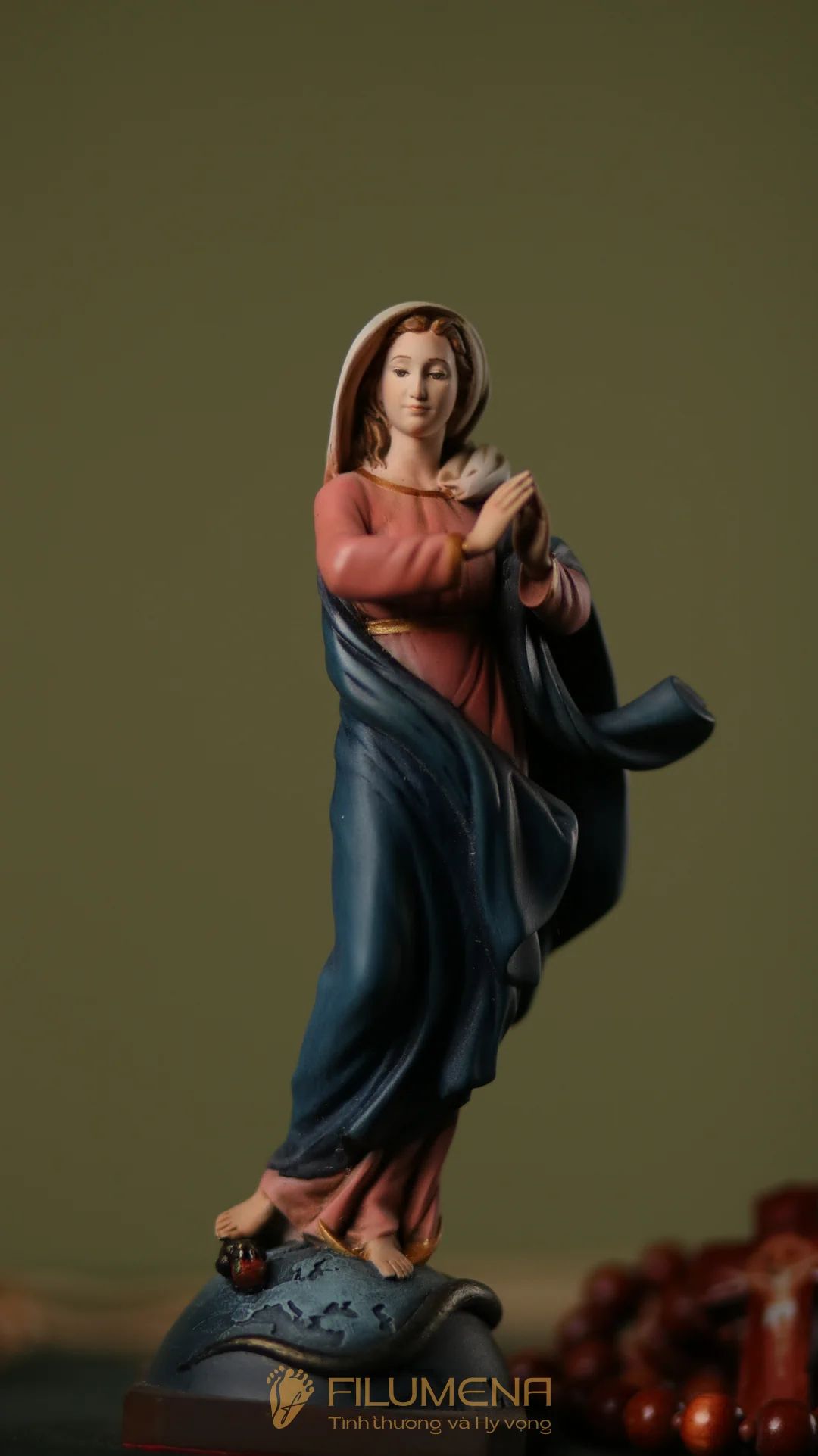 Tượng Đức Mẹ Vô Nhiễm Nguyên Tội cao 15 cm, 20 cm màu cổ điển xanh-hồng mã màu M2