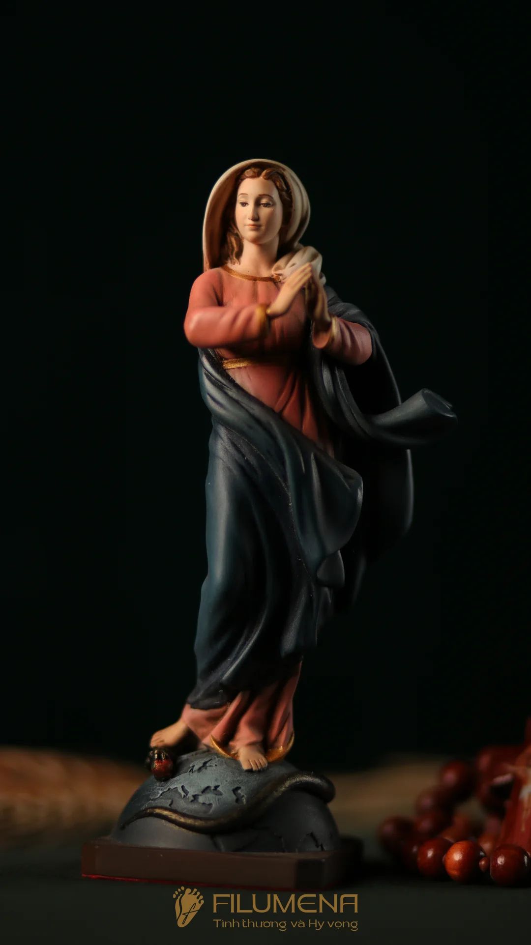 Tượng Đức Mẹ Vô Nhiễm Nguyên Tội cao 15 cm, 20 cm màu cổ điển xanh-hồng mã màu M2