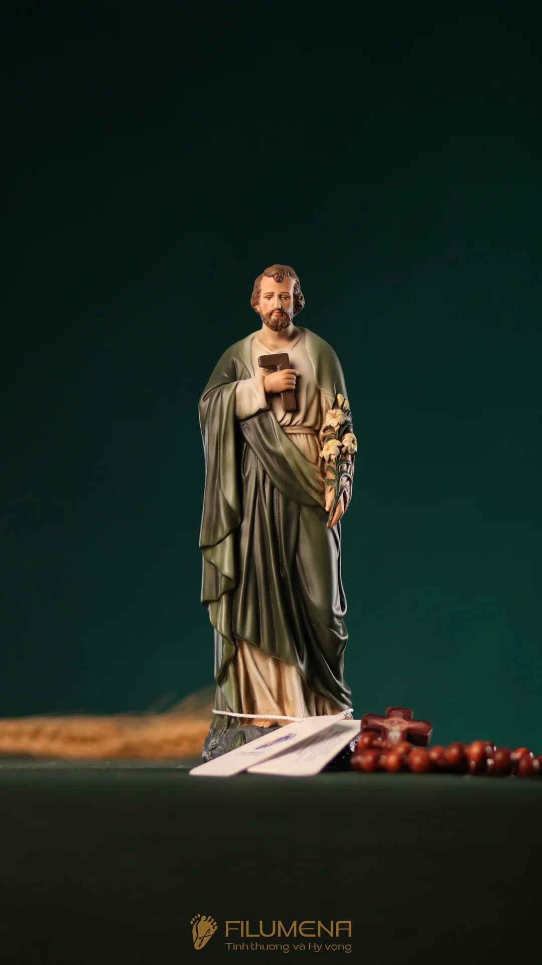 Tượng Thánh Giuse Thợ 15 cm, 20 cm màu xanh ô-liu M2