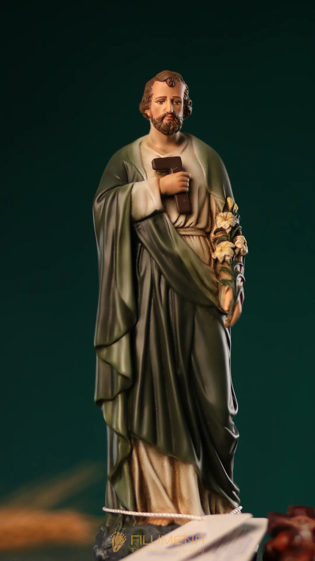 Tượng Thánh Giuse Thợ 15 cm, 20 cm màu xanh ô-liu M2