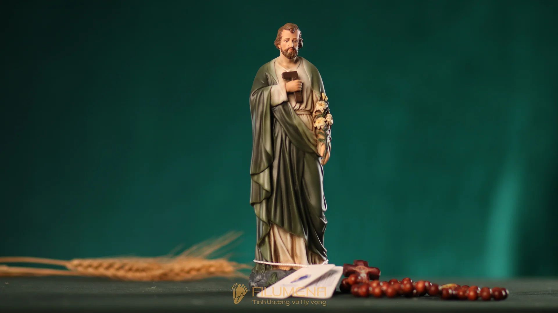 Tượng Thánh Giuse Thợ 15 cm, 20 cm màu xanh ô-liu M2